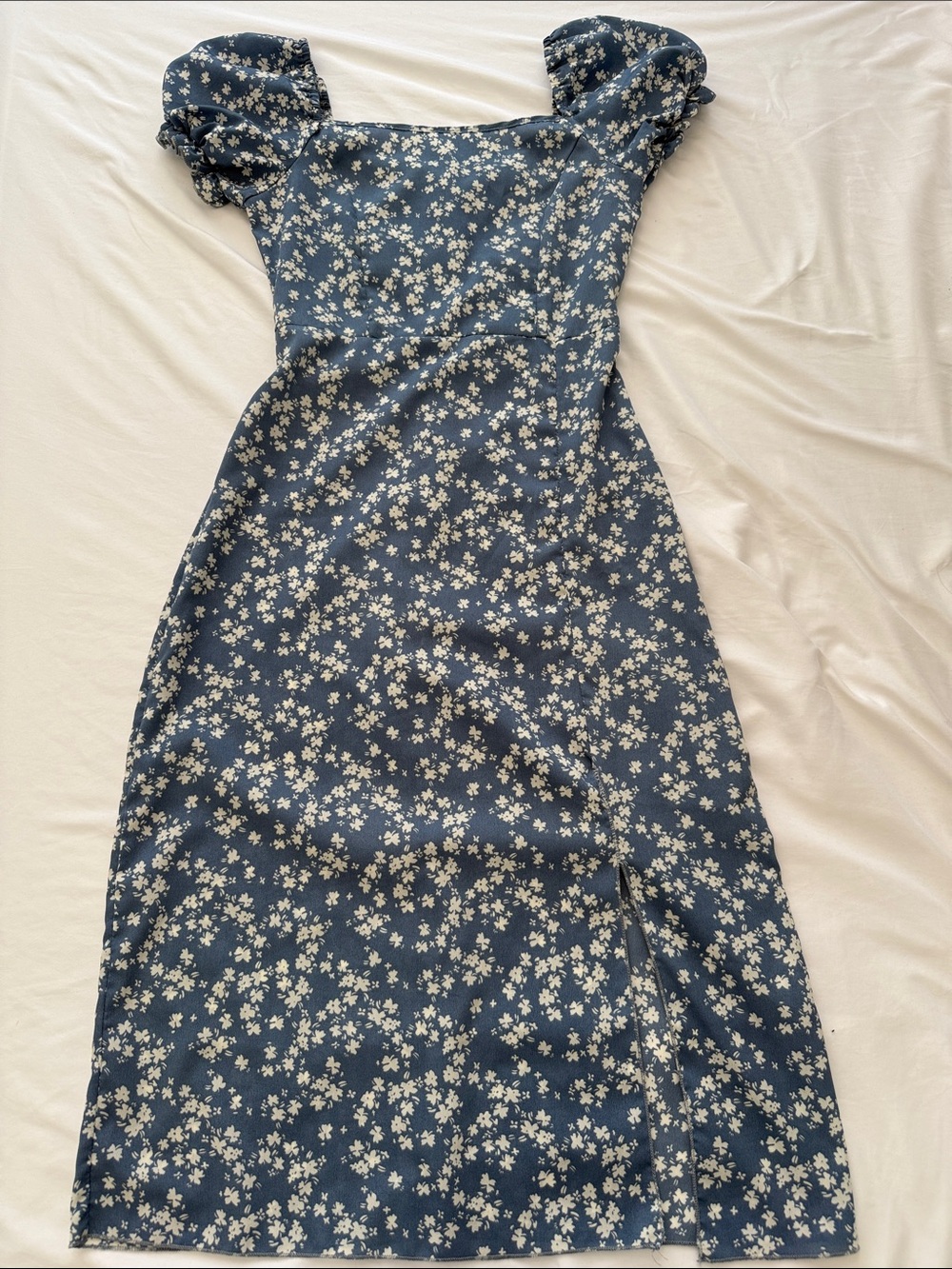 SHEIN Blue Floral Puff-Sleeve Midi Dress